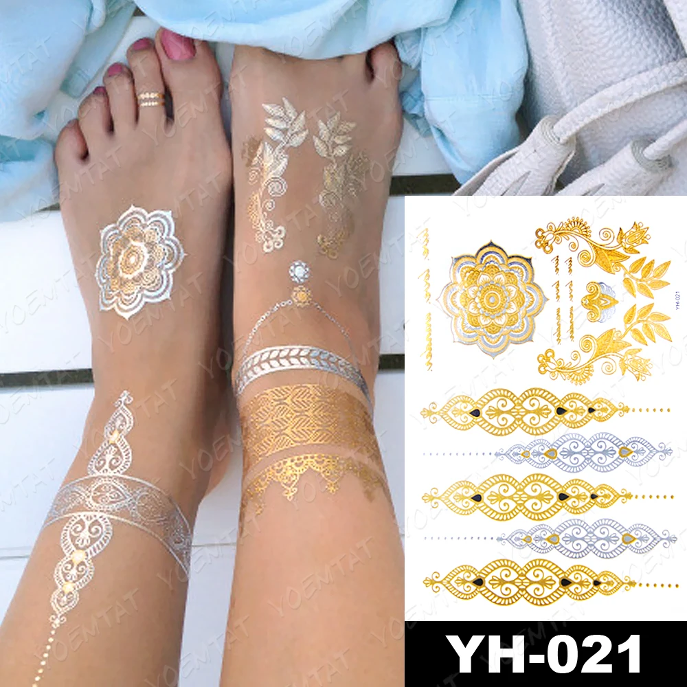

Waterproof Temporary Tattoo Sticker Metallic Gold Silver Henna Bracelet Jewelry Flash Tatoo Tattoo Indian Body Art Fake Tatto