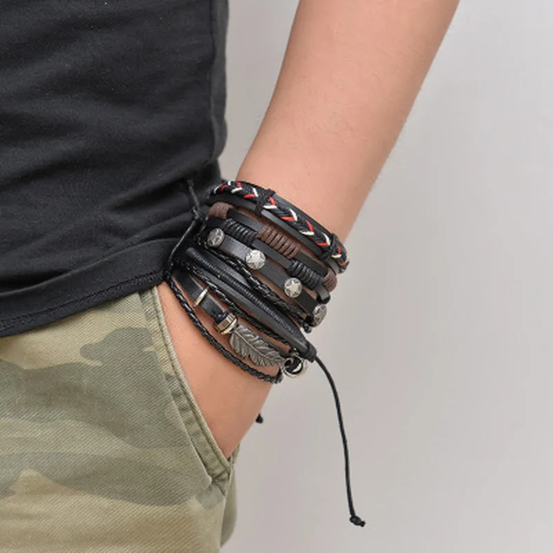 

Vintage Braided Wrap Leather Bracelets for Men Life Tree Rudder Charm Wood Beads Ethnic Tribal Wristbands