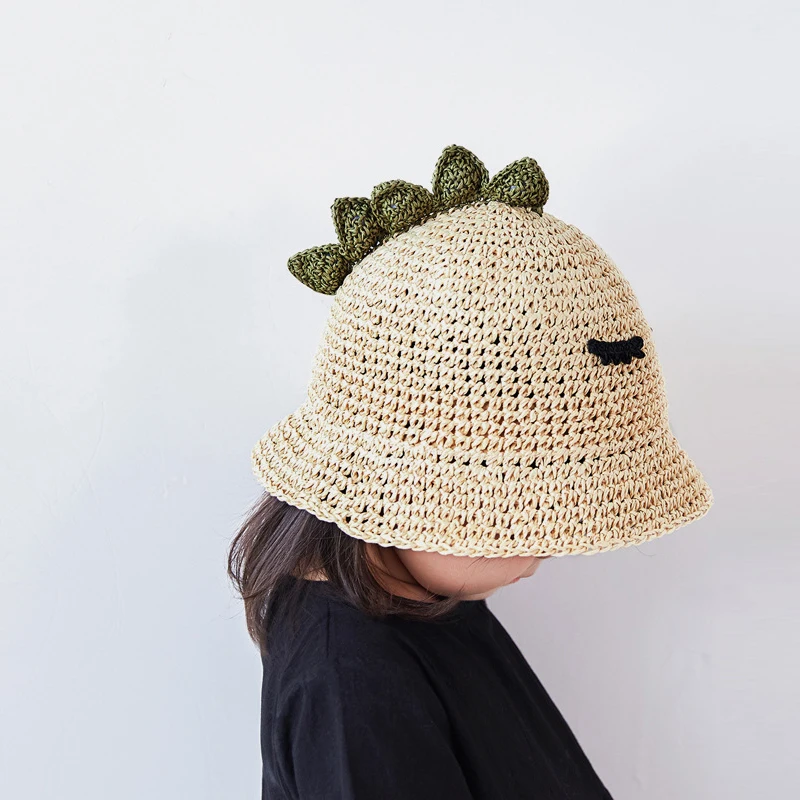 

Girl Boy Baby Summer Straw Cap Bucket Hat Dinosaur Curling Basin Hat Outdoor Spring Ring Top Hats Sun Protection Beach Caps