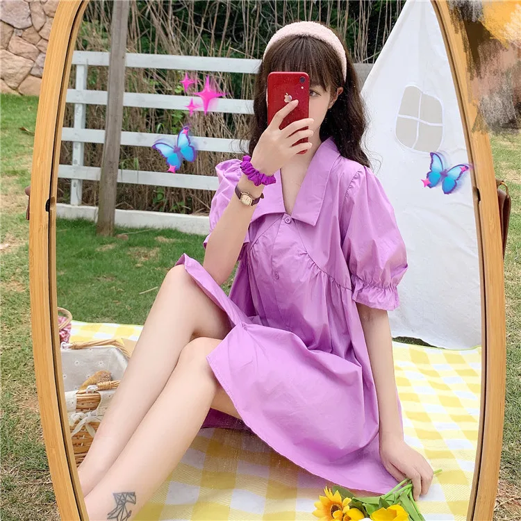 Хипстерское платье-поло с воротником фиолетовая юбка Новинка лета 2020 корейское