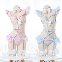 sexy open bust top bondage body cage lingerie set cute maid sweet plaid uniform set gothic pink blue harness garter
