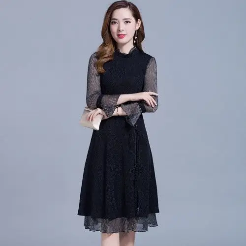 

Women's Lace Long Sleeve Elegant Dress 2020 New Fashion Causal High Waist Sexy Chiffon New False Two Dresses Vestidos E158