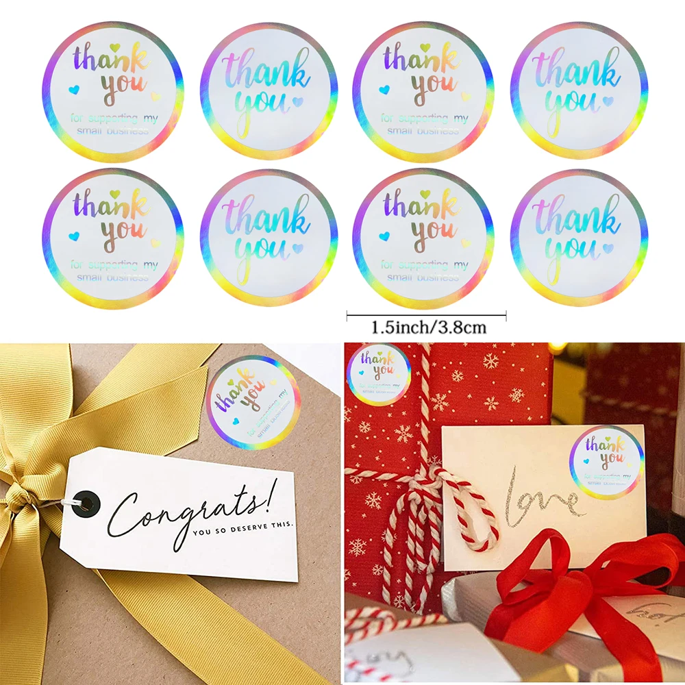 

500pcs/roll 2.5/3.8cm Rainbow Lazer Thank You Stickers Business Goods Wrapping Sealing Label Gift Decoration Sticker