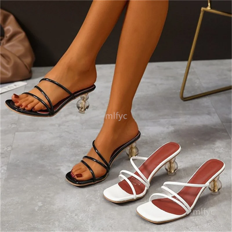 

Special-shaped heel sandals slippers women's outer wear summer mid-heel shoes with square toe strap crystal heel sandals women