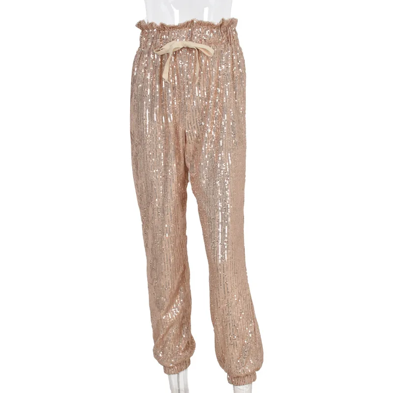 

Women Spring Sexy Gold Sequin Beam Leg Pants Shiny Wide Party Harem Pants High Waist Lace Up Casual Elegant Trousers Streetwear