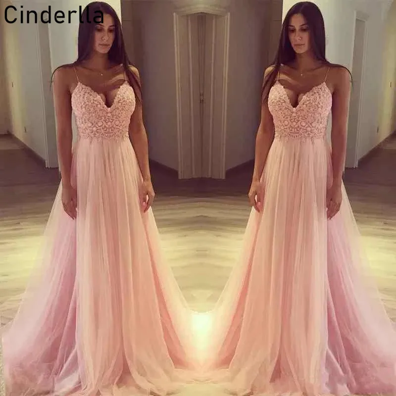 

Prom Dresses Pink Spaghetti Straps A-Line Sweep Train Tulle Lace Crystal Prom Dresses Zipper Back vestidos de fiesta de noche