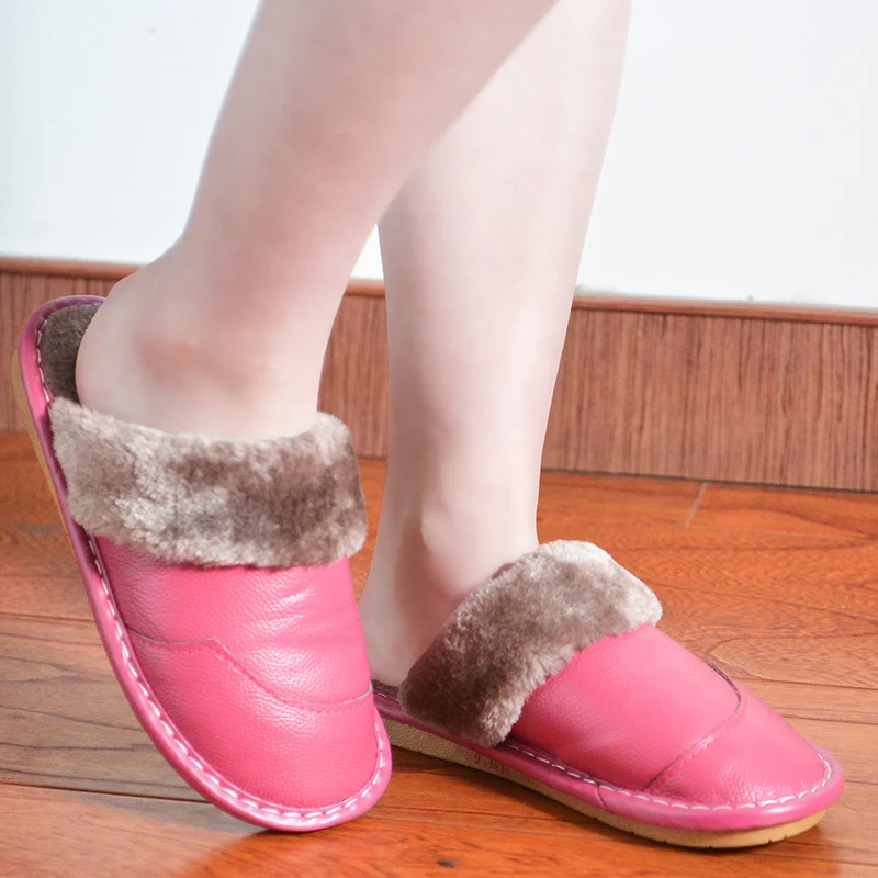 Мужские зимние кожаные тапочки домашние Нескользящие мужские теплые хлопковые