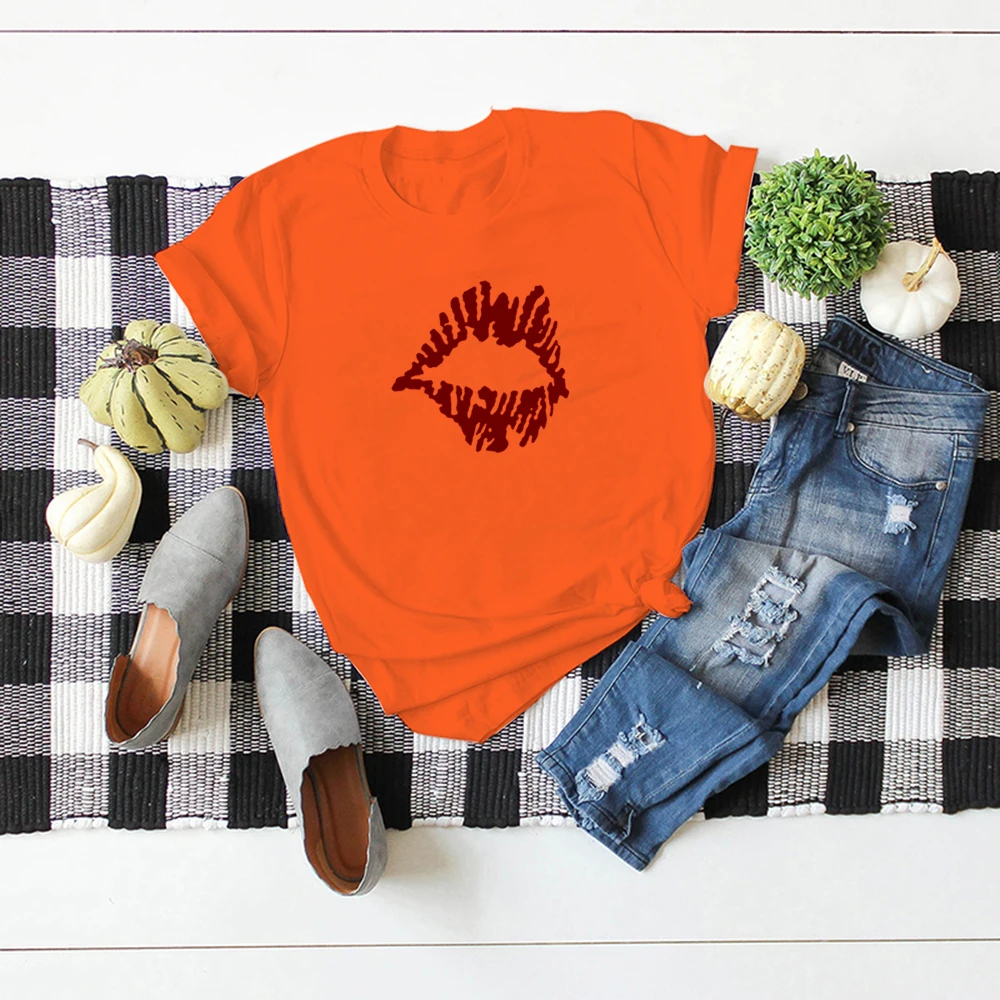 

WZ20527 Spring and Summer New Style Anti-Wrinkle Pretty Lip Pattern Printed Retro Lady's Short Sleeve Round Neck Casual T-shirt