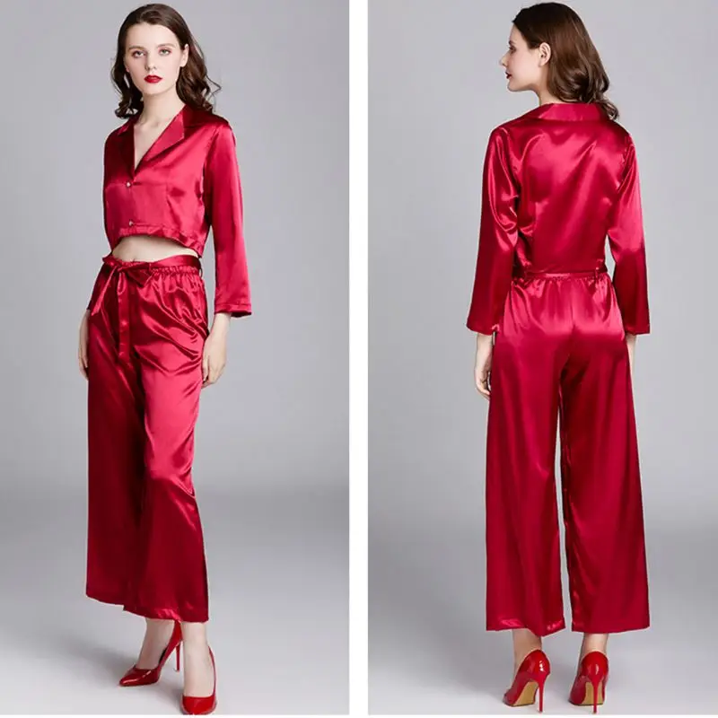

2020 Women Shiny Silky Pajamas Set Long Sleeve Notched Crop Top + Pants Solid Color Sleepwear