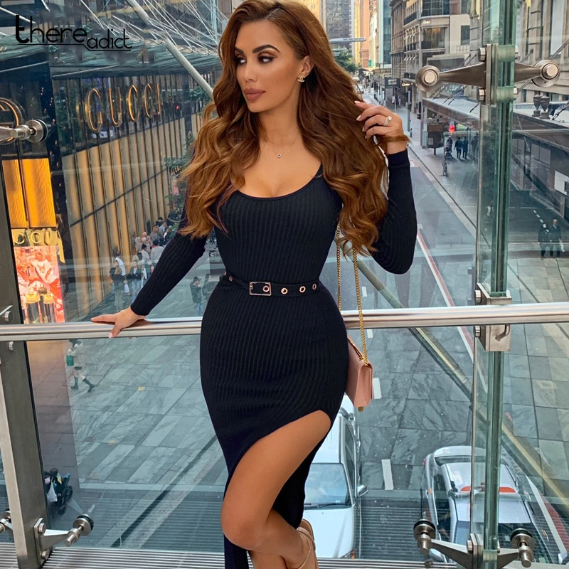 Пикантное вечернее платье миди из хлопка с длинным рукавом в рубчик трикотажное