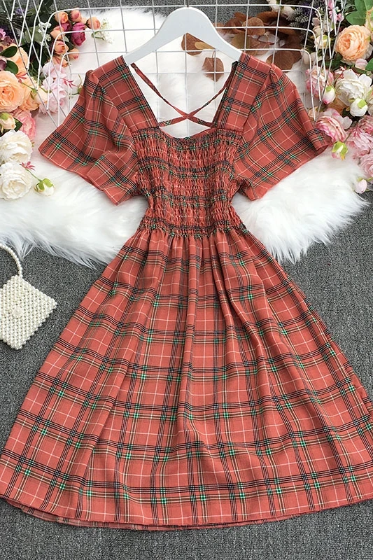 

2021 New Summer Retro All-match Square collar puff sleeve plaid Dress ruched slim cross bandage plaid Dress