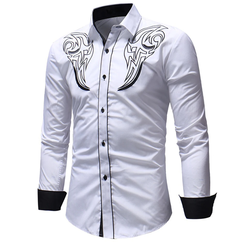 Fashion Men's Embroidered Western Shirt Long Sleeve Slim Casual Shirt