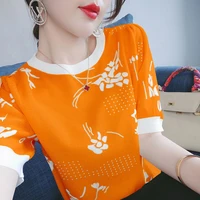 delicate jacquard ice silk thin short sleeve t shirt womens 2021 summer new loose large size knitted backing shirt top