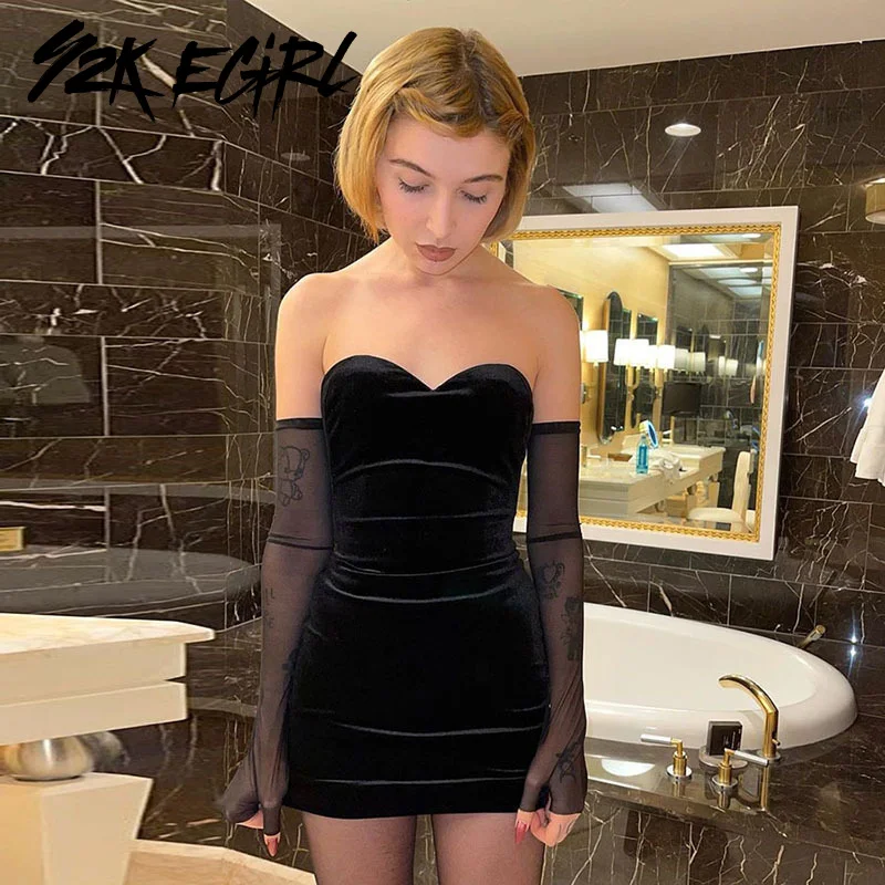 Y2K EGIRL Vintage E-girl Aesthetics Backless Mesh Sleeve Velvet Dress Mall Goth Strapless Bodycon Black Dresses Partywear Punk