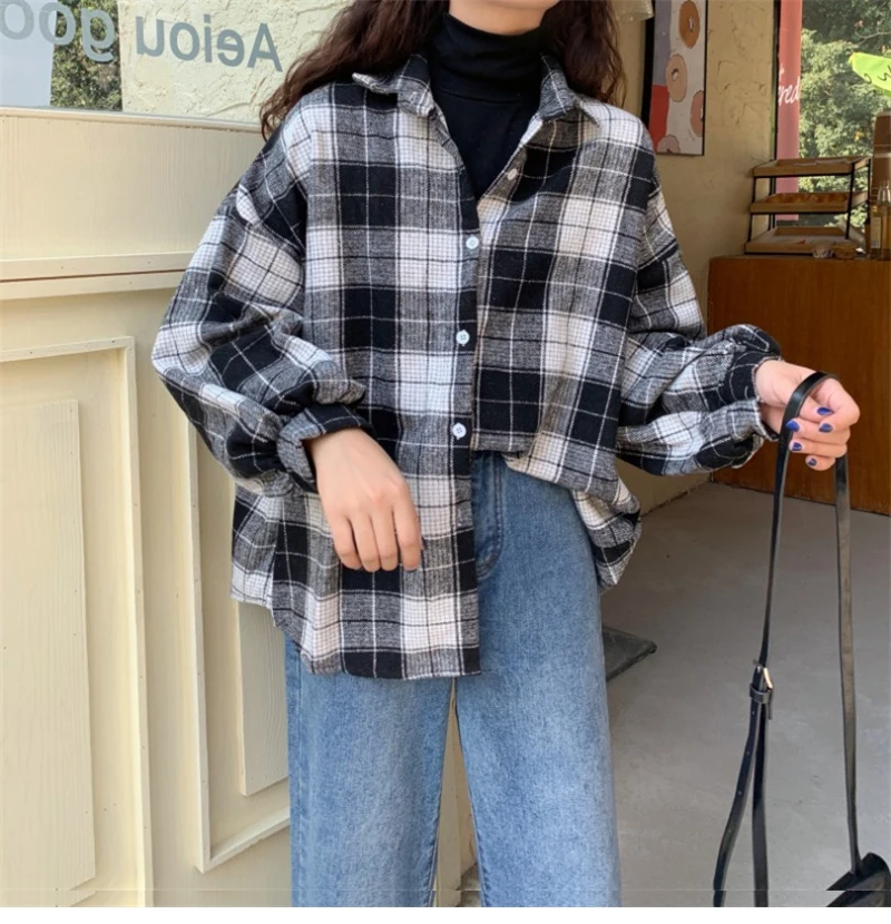 Women Plaid Warm Shirt Female Jacket Checked Coat Casual Turn-down Collar Long Sleeve Autumn Blouse Fashion Loose Outwear Tops