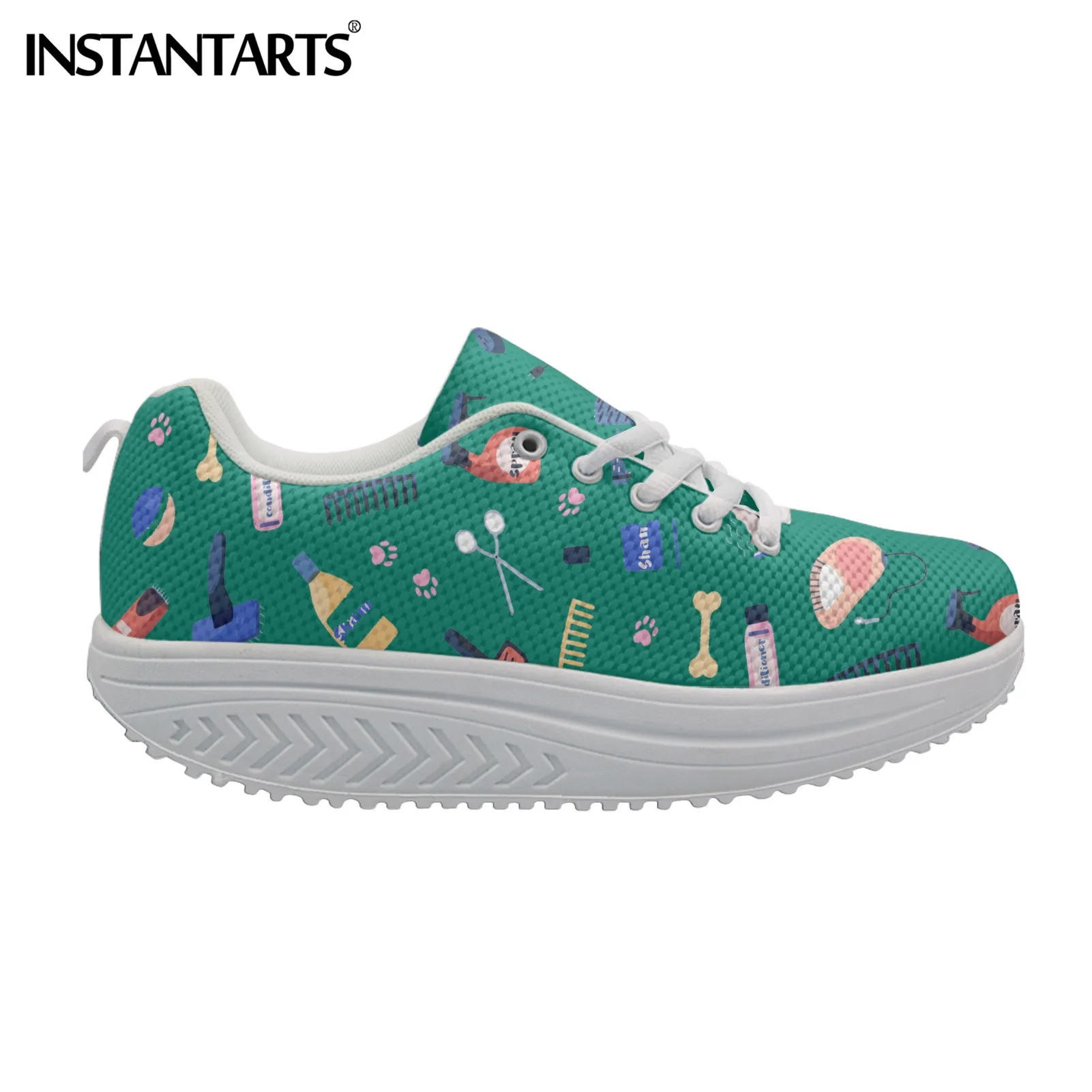 

INSTANTARTS Women's Lace Up Wedge Platform Sneakers Green Cartoon Barber Tool Print Air Mesh Ladies Casual Fitness Walking Shoes