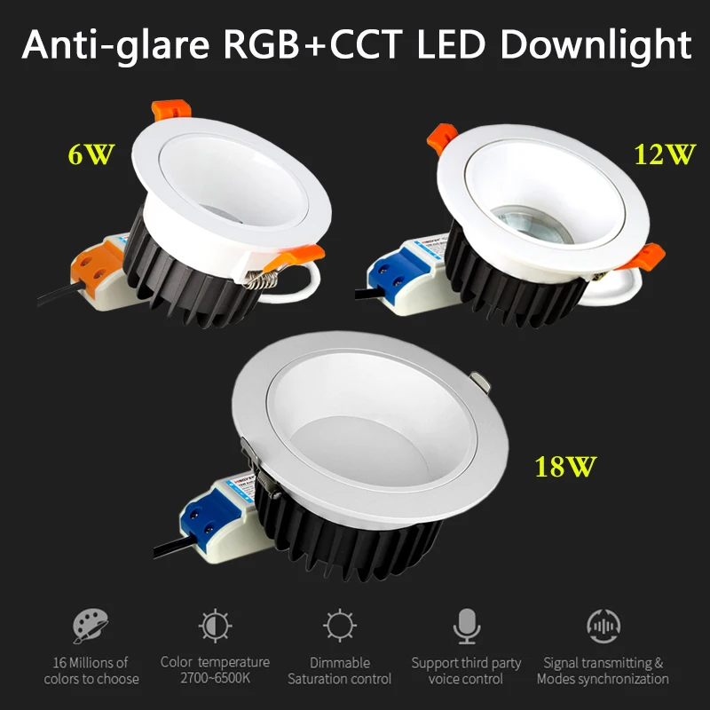 6W 12W 18W Smart Anti-glare RGB + CCT LED Downlight 220V dimmable AC 110V Embedded Round ceiling Indoor Light 2700K~6500K