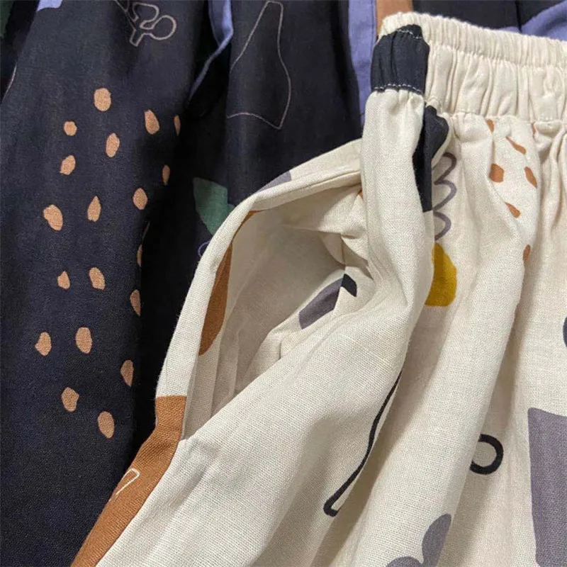 

Skirts New Casual Elastic Waist Pockets 2 Colors Female Skirts 2021 Summer Japanese Print Tie Loose A-Line Women