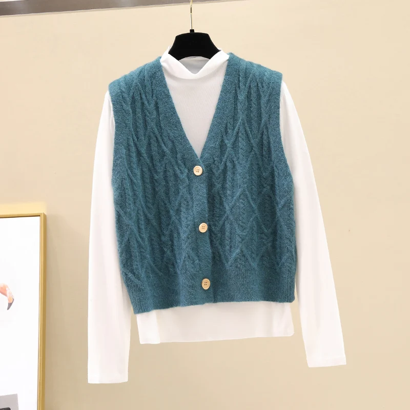 

Женская блузка из двух предметов Новинка Осень-зима 2021 трикотажная нижняя рубашка с высоким воротником жилет с V-образным вырезом кардиган ...