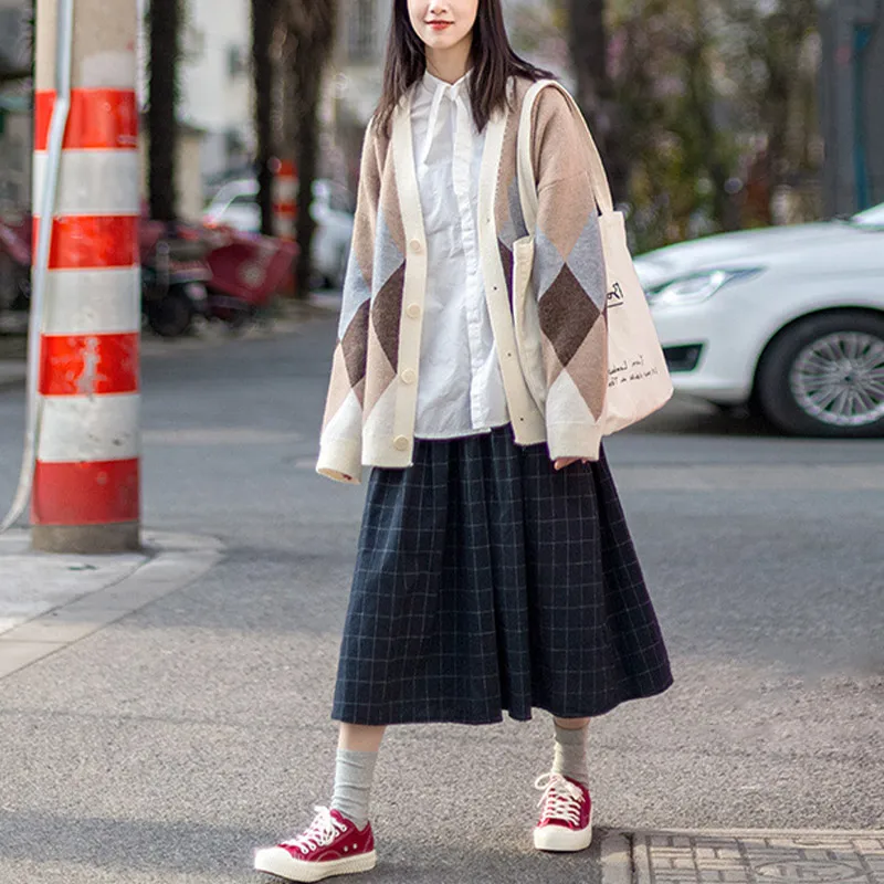 

Women Geometry Plaid Knitted Cardigan Sweater Long Sleeve Single Breasted Loose Female Cardigans Outwear Korean Casual Autumn