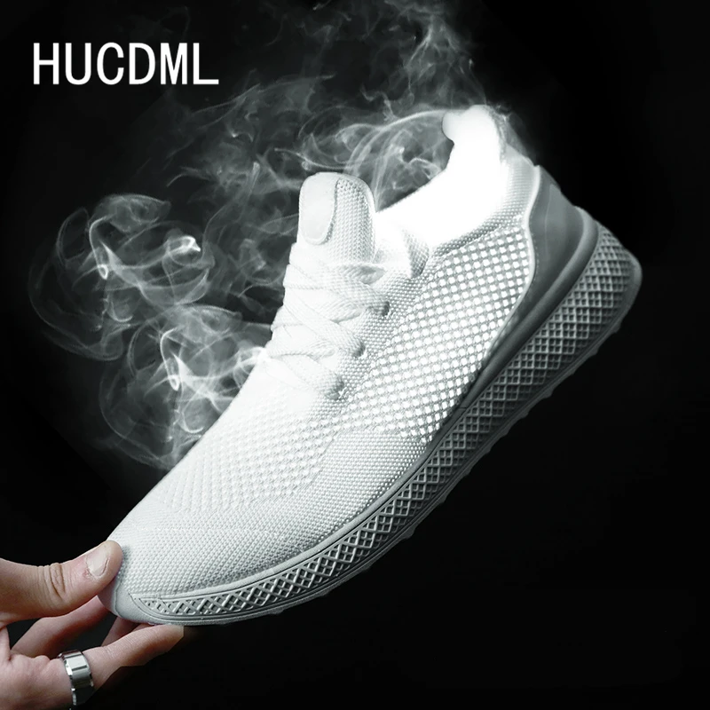 HUCDML Men Shoes Summer Mesh Breathable Light Mens Sneakers Solid Black Red Gray White Big Size 45 46 Support Dropshipping |