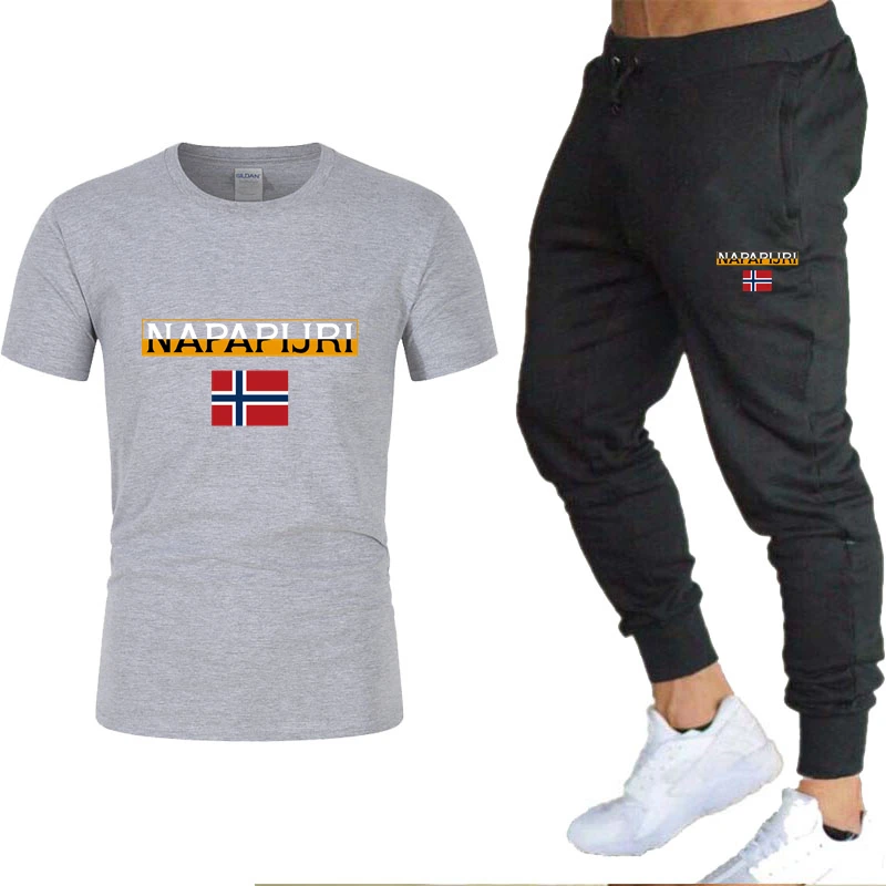 

Flag Brand Print 2021 Men Sportswear Set Quick Drying Gym Fitness Running Suit Fashion Short Sleeve T-Shirt + Jogging Tracksuit