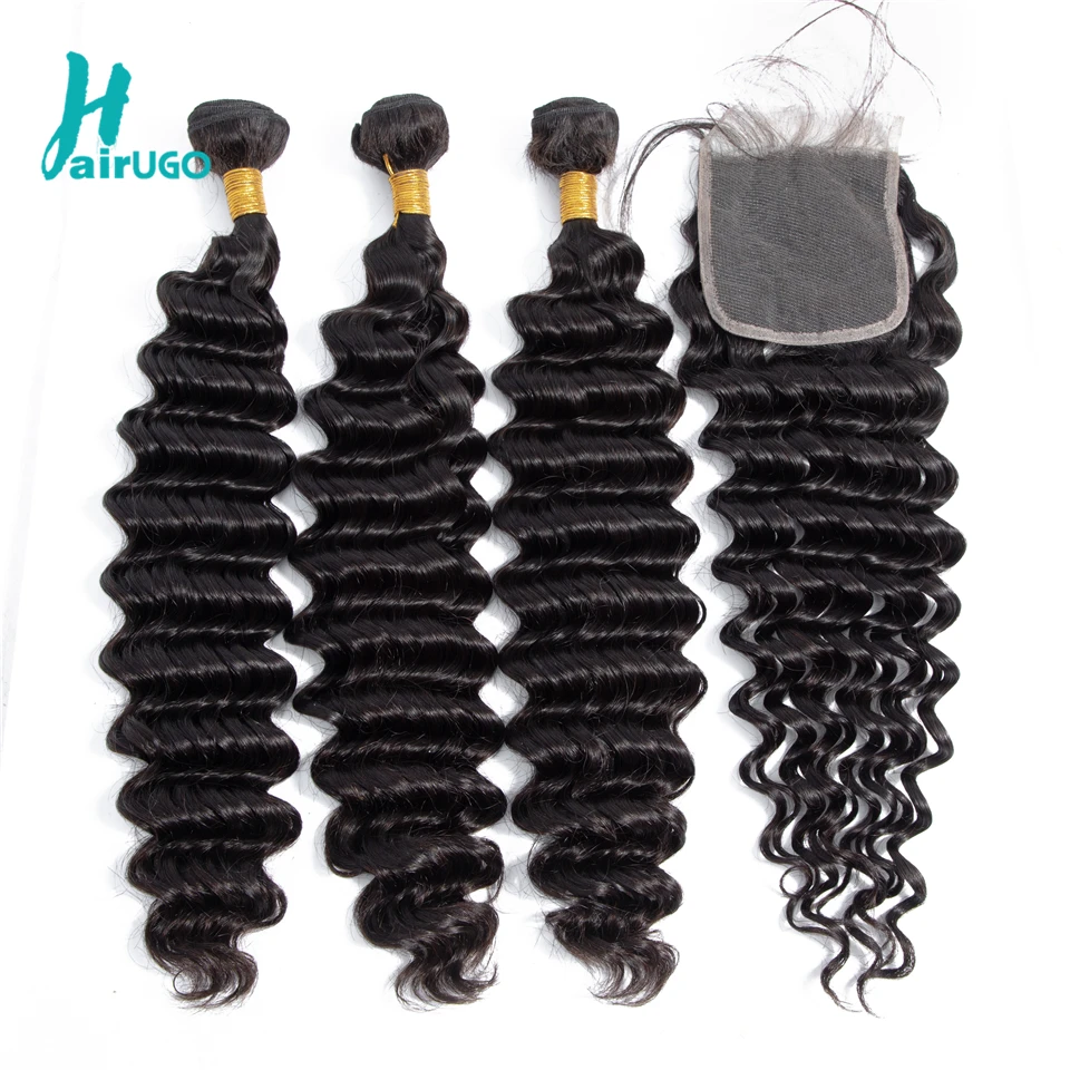 HairUGo Peruvian Deep Wave Closure With Bundles Non-Remy Human Hair Weaving Natural Color Bundles With Closure Double Weft Weave