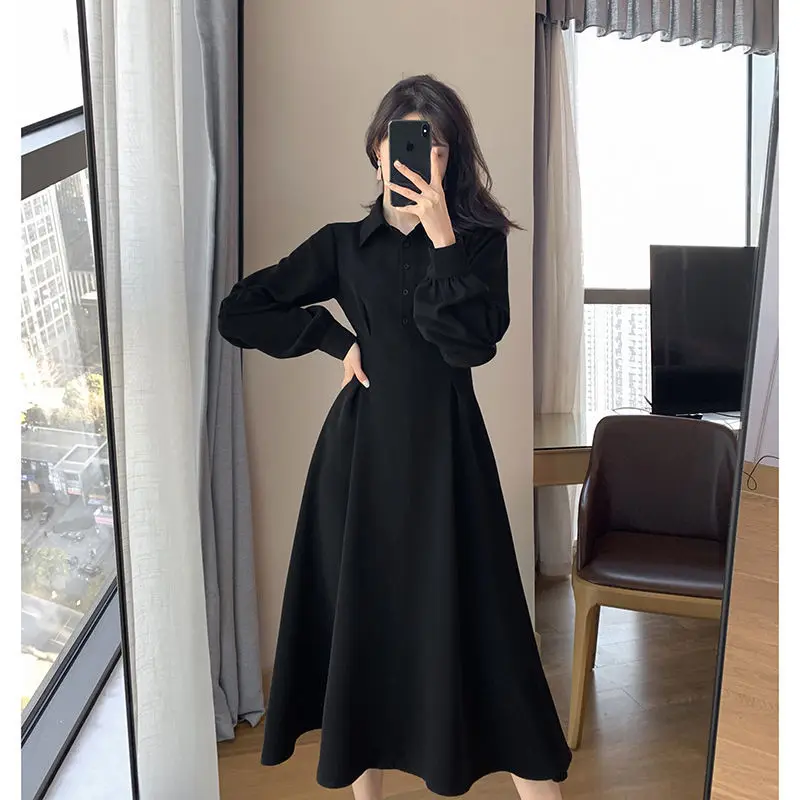 Hot New Design Korean Style Womens Fashion Cute Elegant Office Lady A Line Long Single Breasted Button Button Black Shirts Dress images - 6