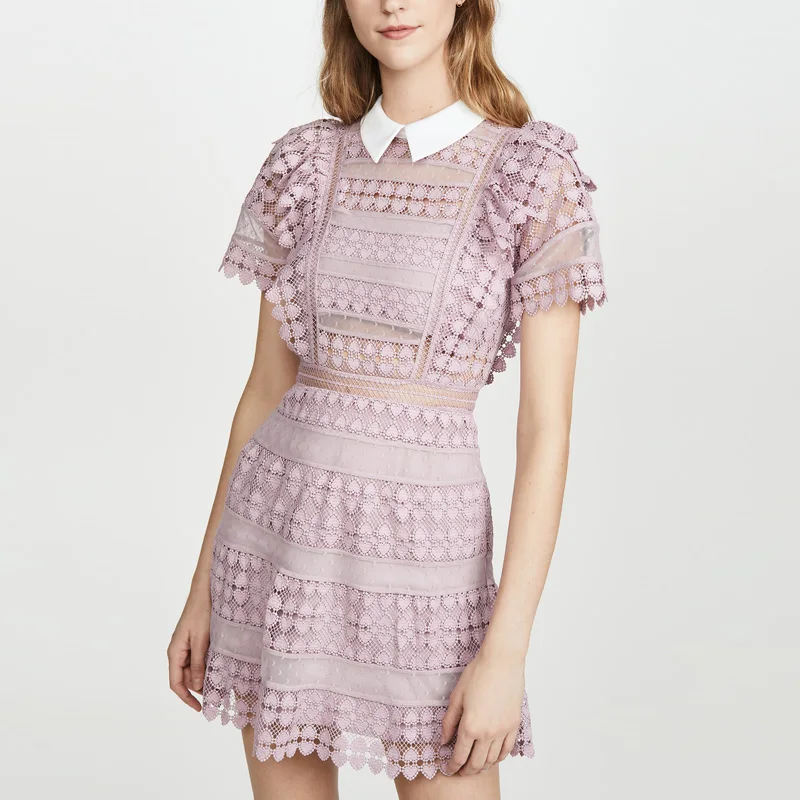 Милое женское розовое платье 2020 летнее модное кружевное до колена с круглым