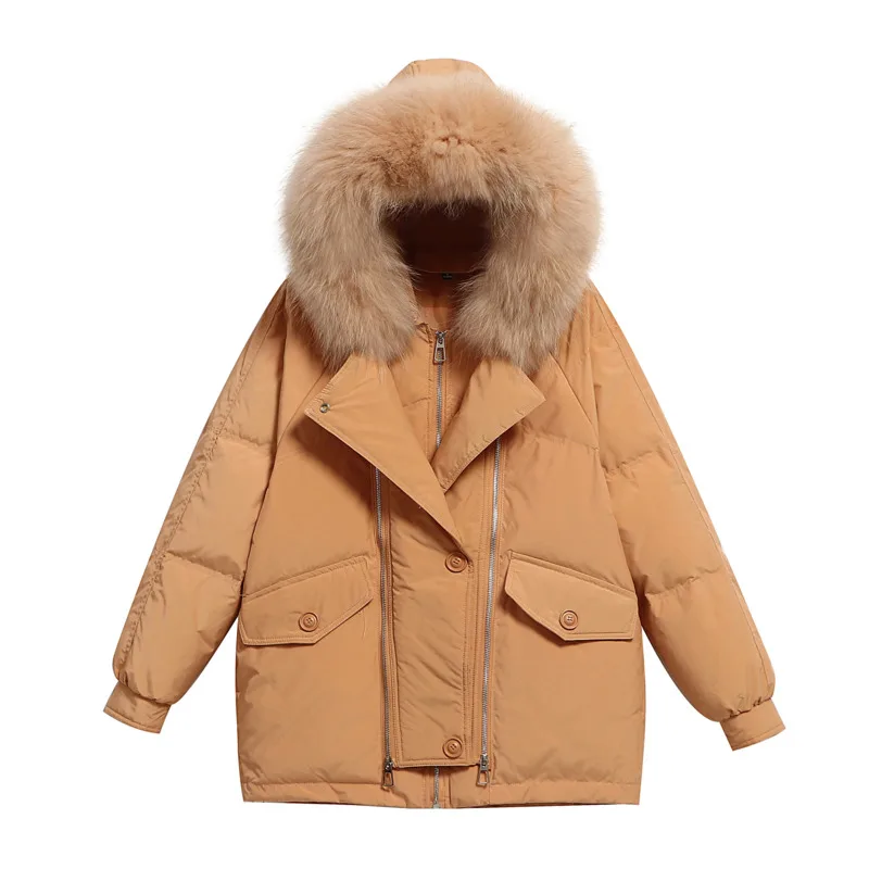 

Огромная куртка с капюшоном из натурального меха енота, зима 2023, пальто из 90% белого утиного пуха, женские парки, Свободное пальто с перьями