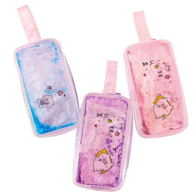 

1pc Pencil Case Kawaii Girl Heart Into The Oil Sequins Sandpaper Bag Creative Transparent Large Capacity Storage Cosmetics Bag