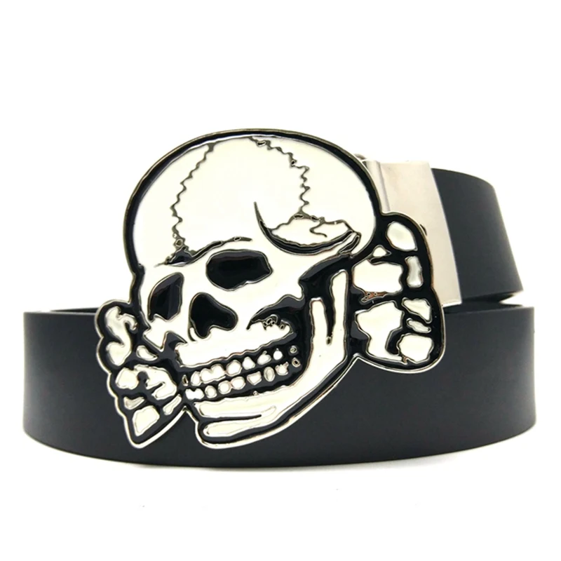 

Мужской ремень из ПУ кожи, повседневный пояс в стиле панк-рок, с металлической пряжкой, с белым черепом, ковбойский аксессуар в западном стил...