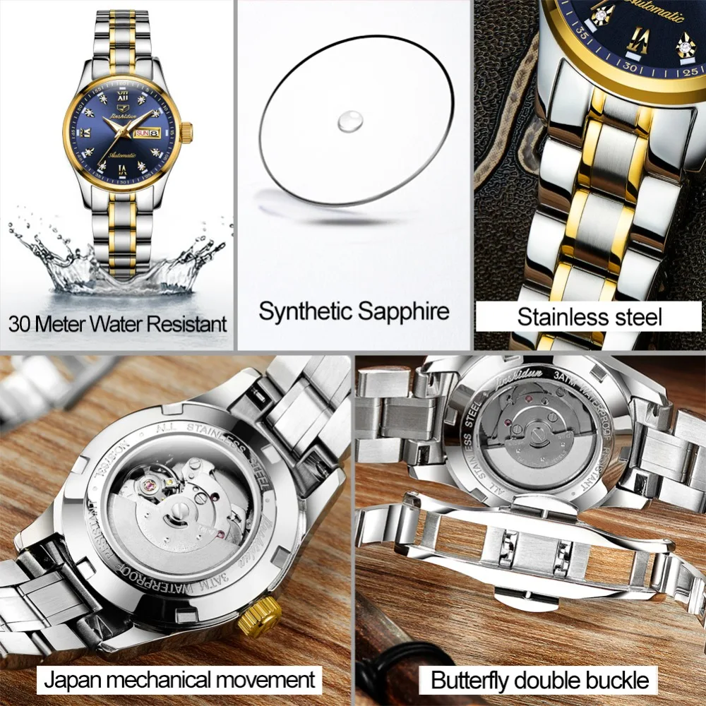 

JSDUN 2021 New Lovers watch Couples Top Waterproof automatic mechanical his and hers Wristwatch 18k gold diamond top luxury gift