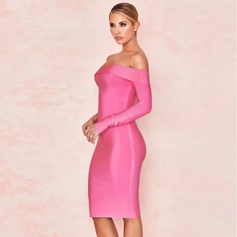 Европейское и американское модное розовое платье с одним словом длинным рукавом