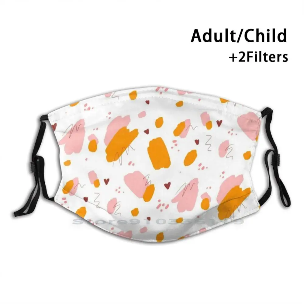 

Sketchy Abstract Brushes Hearts In Warm Tones Reusable Mouth Face Mask With Filters Kids Black White Pink Orange Pattern Brush