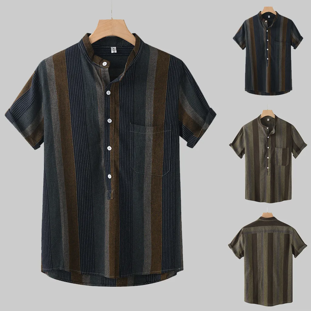 

Men's stand collar striped shirt summer short-sleeved casual loose striped shirt button printed summer plus size top 40*
