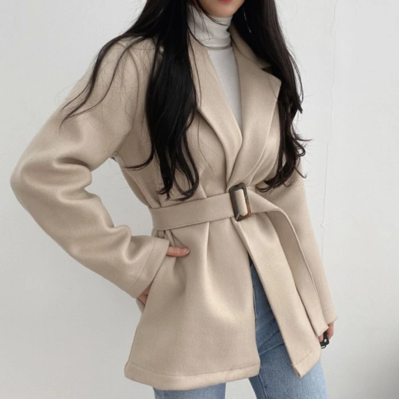 JMPRS Элегантные зимние женские шерстяные пальто Корейская мода туника с поясом