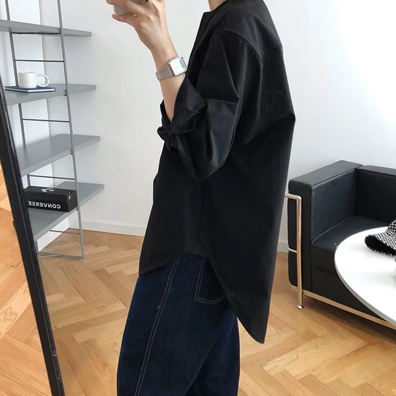 

Spring and autumn women's casual solid color round neck long sleeve loose shirt