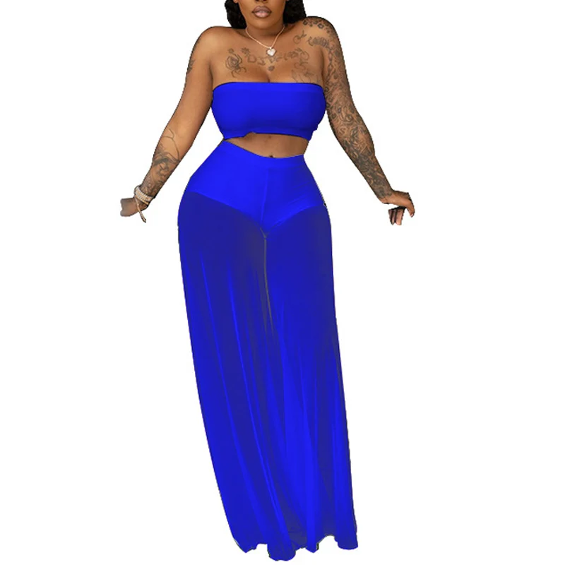 

Сексуальный женский однотонный сетчатый комплект из двух предметов 2021, короткий топ без рукавов + свободные прозрачные длинные брюки, женск...