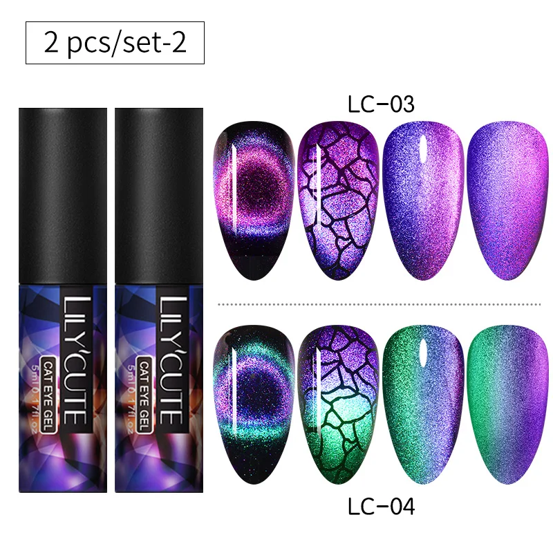 2PCS set 2 LILYCUTE 9D кошачий глаз УФ-гель замачиваемый лак для ногтей для УФ-и светодиодной лампы Магнит Лазерный Сияющий Красочный лак для ногтей лак все для маникюра - Цвет: 2PCS set 2