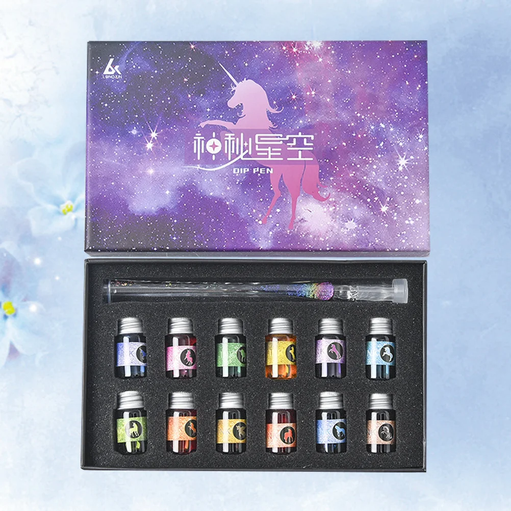 

13Pcs Star Glass Pen Ink Set Student with Transparent Enamel Pen Gift Box Crystal Fountain Pen Ink Office Art Supplies