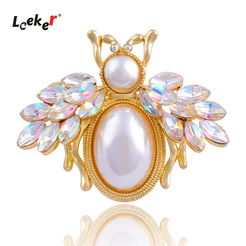 

LEEKER Gothic Style Big Oval Pearl Brooch Pin Little Bee Branch White Shell Flower Women Vintage Jewelry Accessories 171 LK2