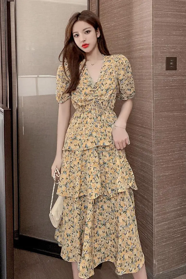

COIGARSAM French Style Floral Print Women dress New Summer Vintage High Waist Dresses Yellow Pink 306