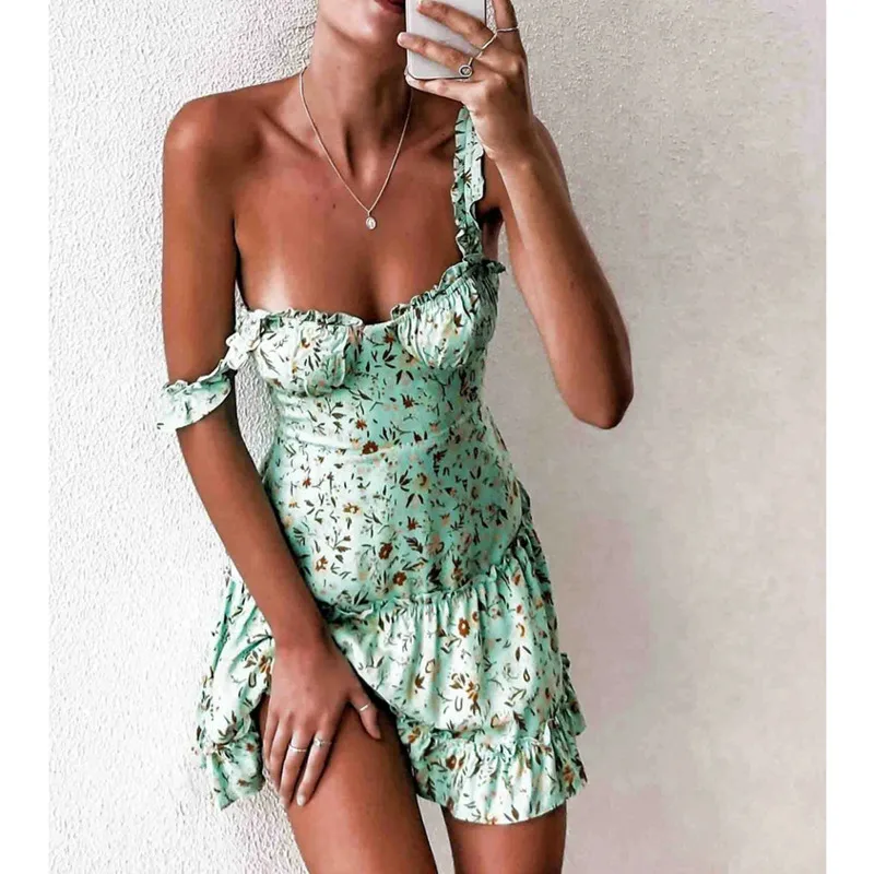 Лето 2020 Новое Женское богемное мини-платье с цветочным принтом и оборками без