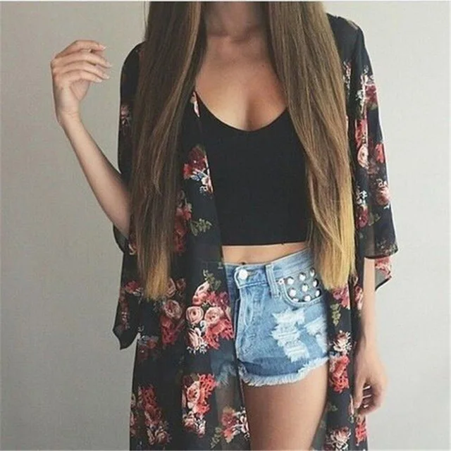 

Women Casual Vintage Kimono Cardigan Ladies 2021 Summer Long Crochet Chiffon Kimono preto Loose floral printed Blouse Tops Black