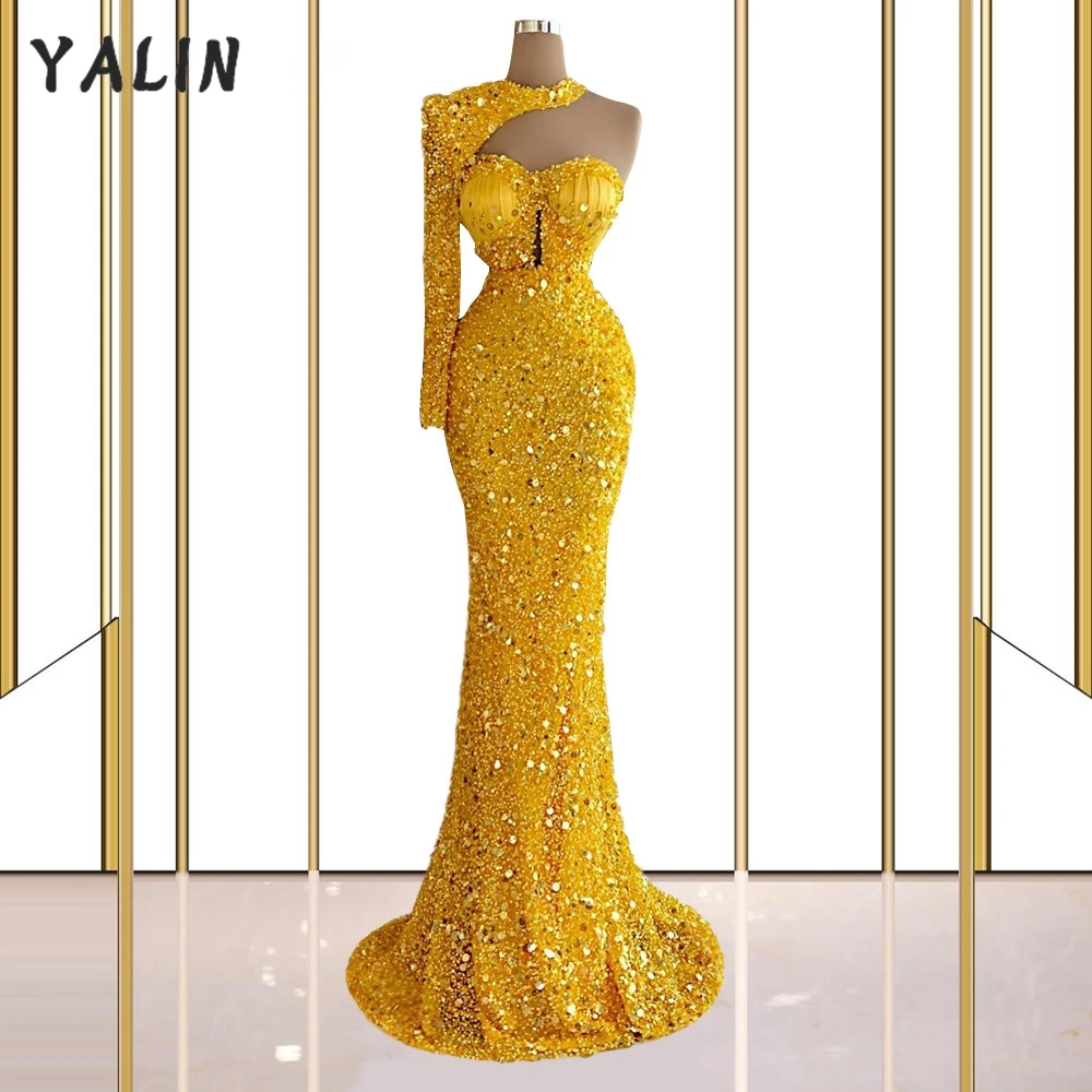 

YALIN Gold Beading Evening Dresses Long Sleeves Halter Women Party Dress Mermaid Sparkle Special Occasion Gown Robe De Soiree