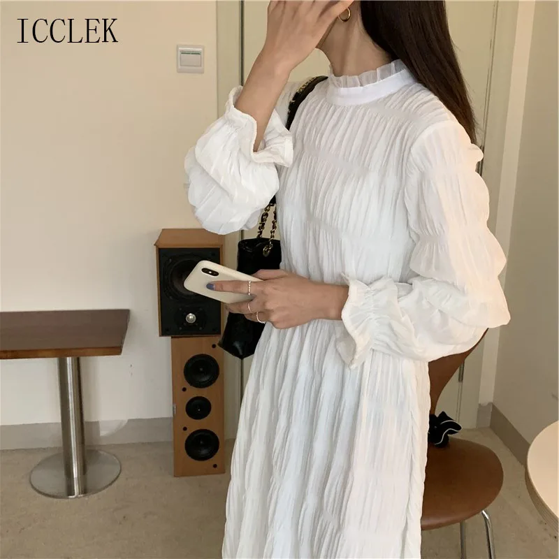 

French Elegant Sweet Pleated Dress Female 2021 Spring Autumn New Fashion Women'S Dresses Korean One-Piece Long Sleeve Dress