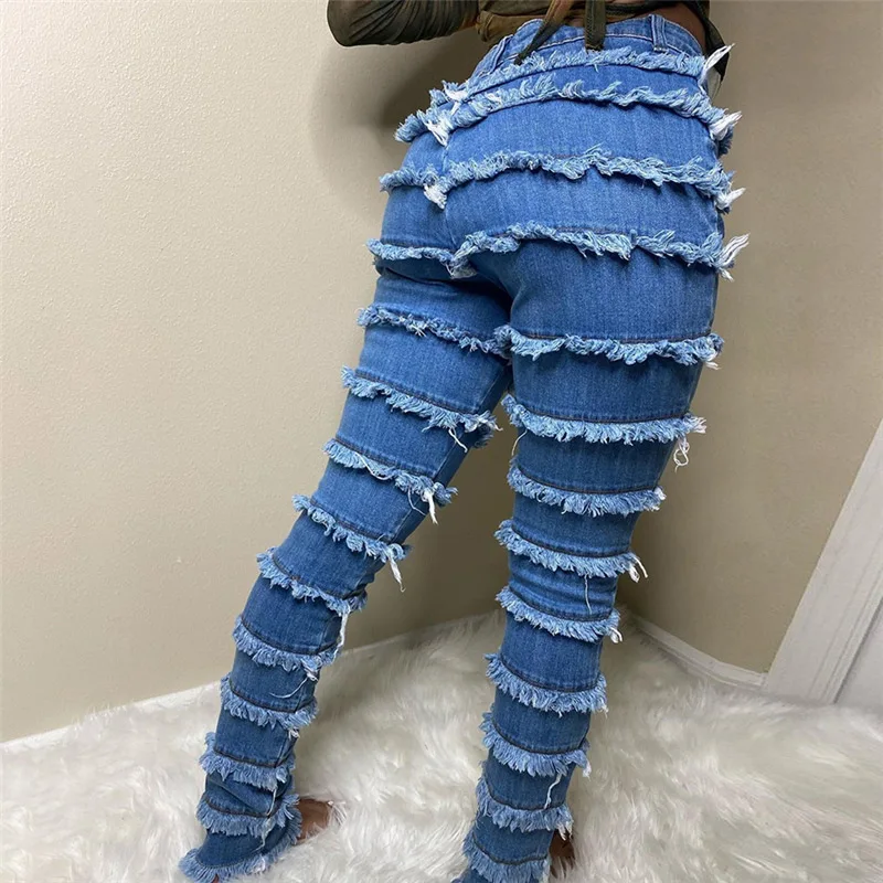 

Denim Sweatsuit Women's Set Cascading Skinny Bodycon Jeans Women High Waist Streetwear Panelled Sexy Trousers With Pocket Pants