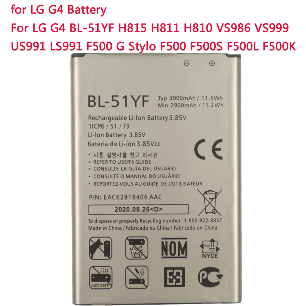 

3000mAh For LG G4 Battery for LG G4 BL-51YF H815 H811 H810 VS986 VS999 US991 LS991 F500 G Stylo F500 F500S F500L F500K Bateria