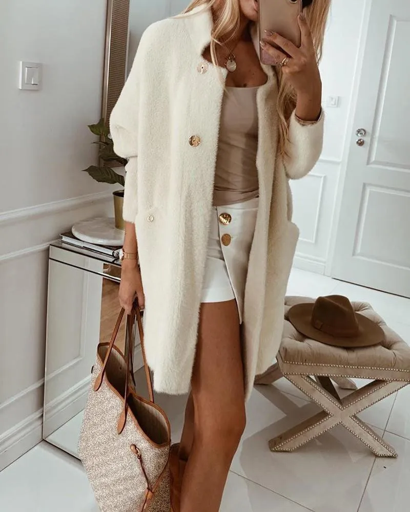 

Autumn Winter Solid Sweater Cardigan Women's Pocket Design Open Front Buttoned Fluffy Cardigan Mohair Midi Long Cardigan Women